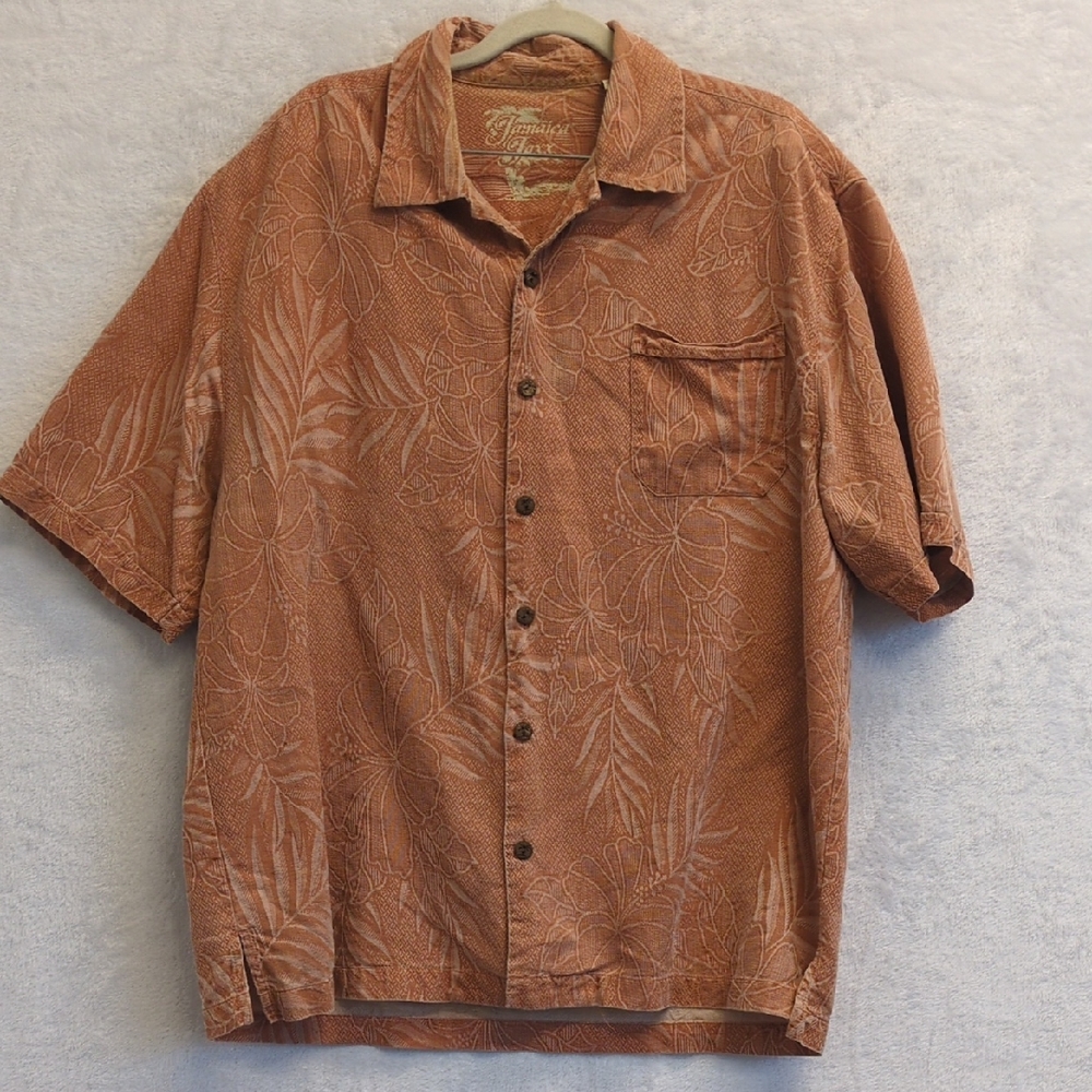 Jamaica Jaxx Men's Orange 100% Silk Tropical Button Down Shirt‎ Size L